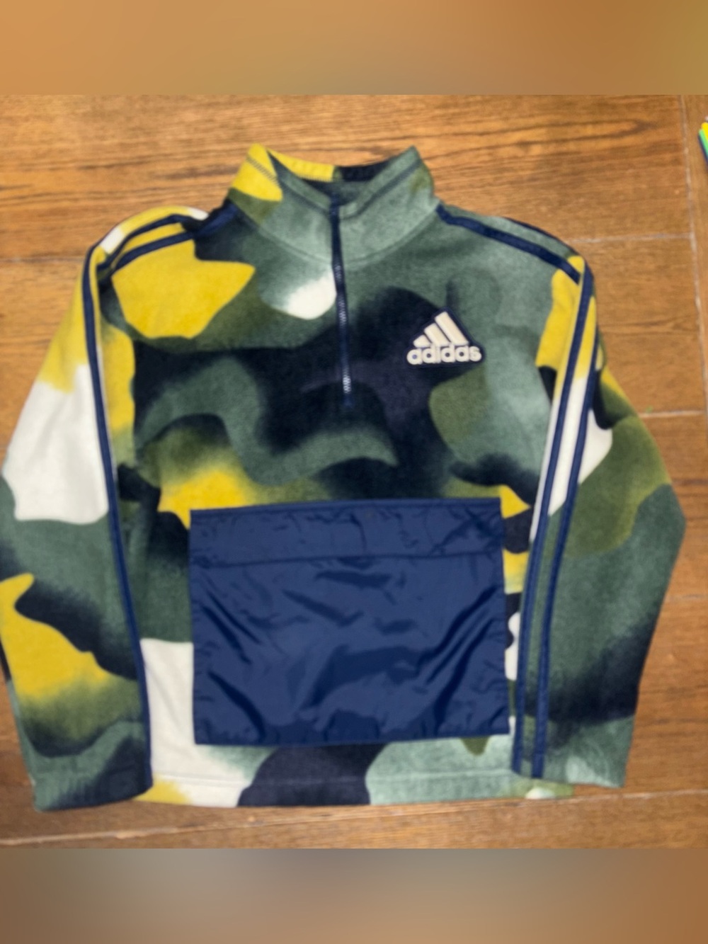 adidas Kids Green Yellow Camo Half-Zip Hoodie with Navy Pocket
